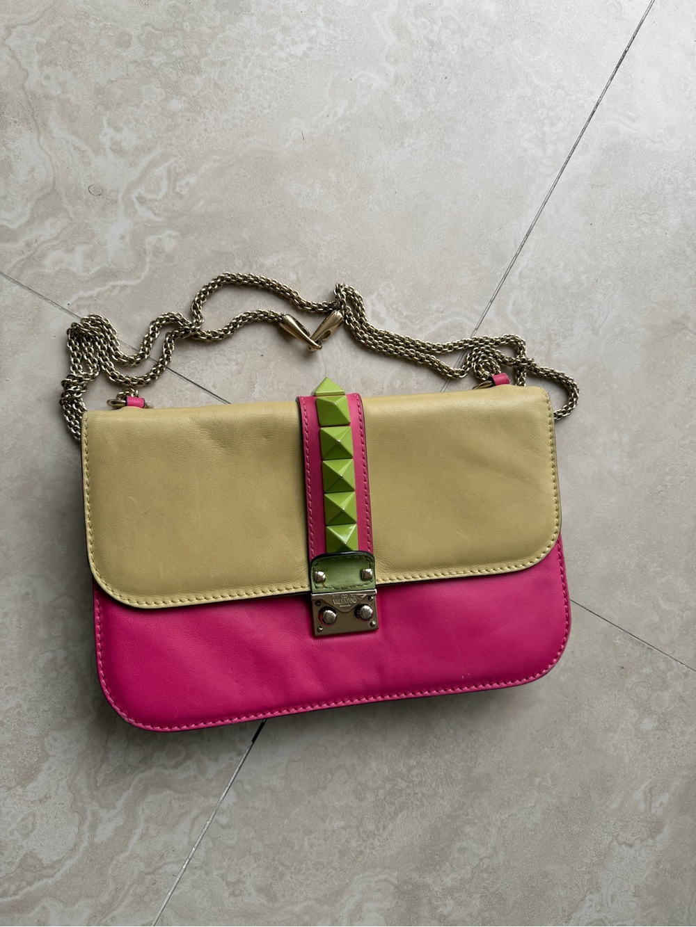Valentino Garavani Two-Tone Pink and Yellow Leather Chain Crossbody
